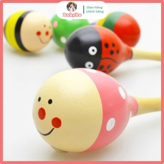 Đồ chơi xúc xắc, lục lạc gỗ đầu tròn hoạ tiết đáng yêu phát tiếng kêu khi lắc kích thích vận động và giác quan cho bé