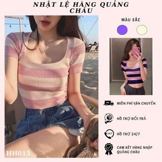 Áo croptop , áo  ngắn tay cổ vuông phối màu ngọt ngào m phong cho cách Hàn Quốc thời trang nữ thời thượng hàng QC- HH015