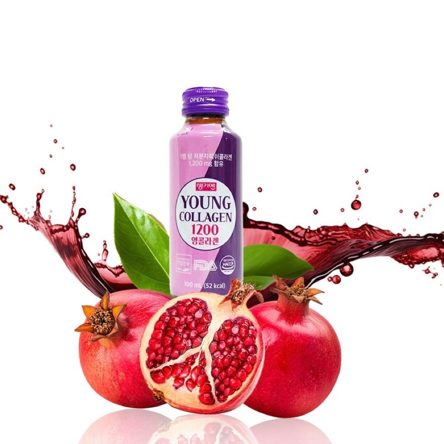 Nước uống Young Collagen 1200mg chứa Elastin làm mềm mịn và tăng độ đàn hồi cho da. Hộp 10 chai x 10