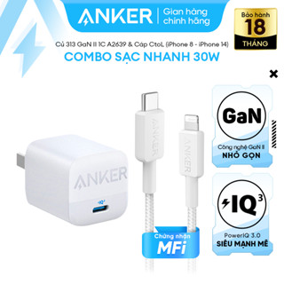 [Dùng cho iP8-14] Combo Sạc Nhanh ANKER 30W [Củ 313 GaN II 1C A2639 & Cáp USBCtoL dài 1m A81B5]