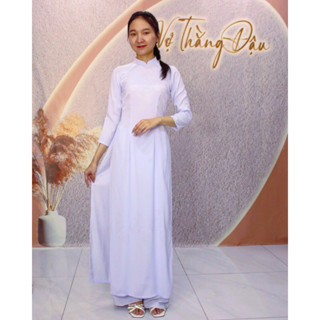 Áo Dài Học Sinh Gấm Lụa Thái Tuấn Hoa Ẩn Tông Trắng Xanh Cao Cấp Cổ Cao 2phân