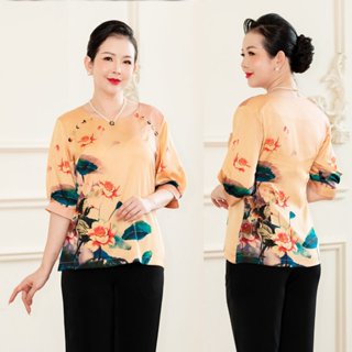 GOTI Thời Trang Trung Niên Áo Lụa In 3D Cao Cấp Cổ Tròn Tay Lỡ Phù Hợp Đi Tiệc,Đi Làm 3A50