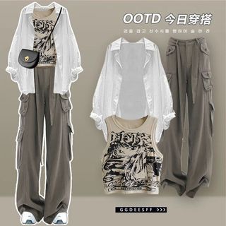 Bộ 3 món áo sơ mi khoác+áo ba lỗ+quần kaki suôn 2 túi hộp cho phái nữ, cá tính,phong cách,thể thao,đồ nữ