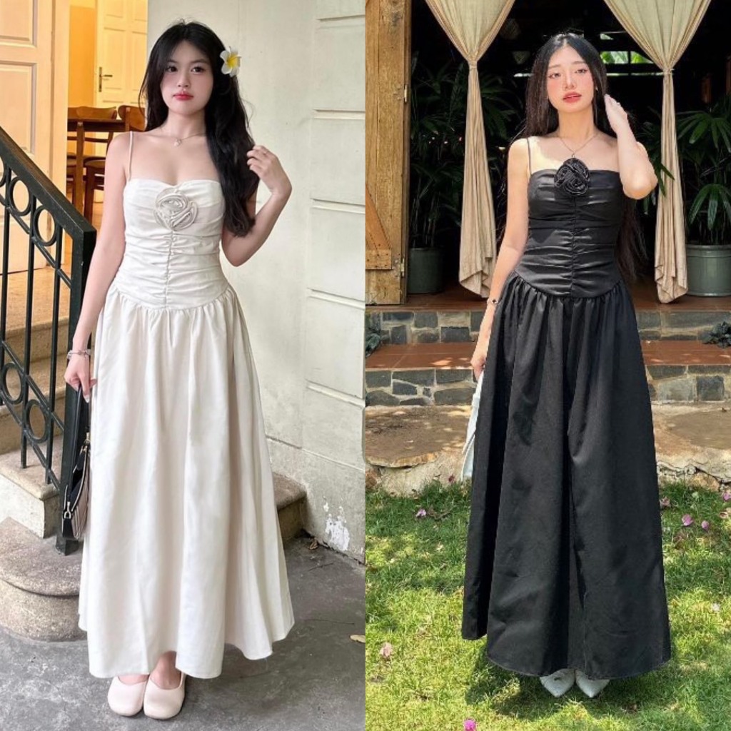 [Hàng Shop]: Váy Maxi Dáng Dài 2 Dây Đính Hoa Cuốn Nhún 2 Lớp Lưng Chun Khoá 2 Màu Sang Chảnh