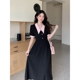 Đầm Đen Phối Hồng Cổ Thủy Thủ Dáng Dài Dễ Thương Thanh Lịch