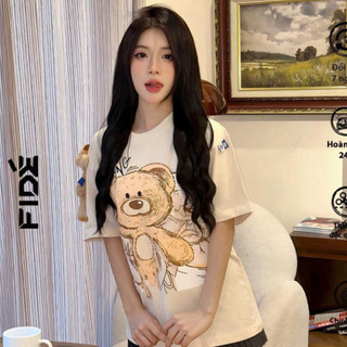 Áo thun FIDE TEEDY phông cotton unisex nam nữ form rộng cổ tròn áo đính gấu hottrend 2024 hottrend TA12