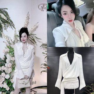 👚set áo sơmi đắp chéo cột eo + chân váy ren