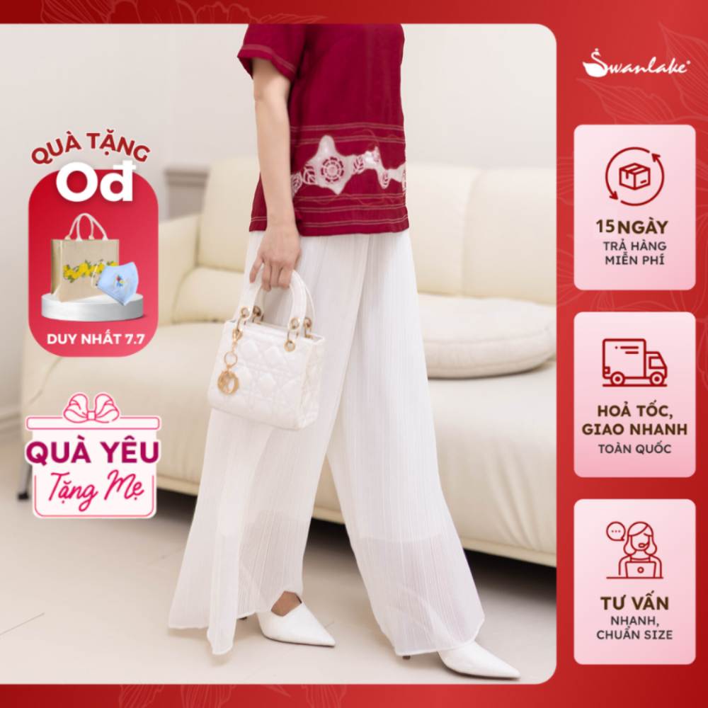 SWANLAKE | Quần Kiểu Nữ Trung Niên Xếp Li Chất Vải Lụa 2 Lớp Ống Suông Rộng Thoải Mái Che Khuyết Điểm - Q11324LW01