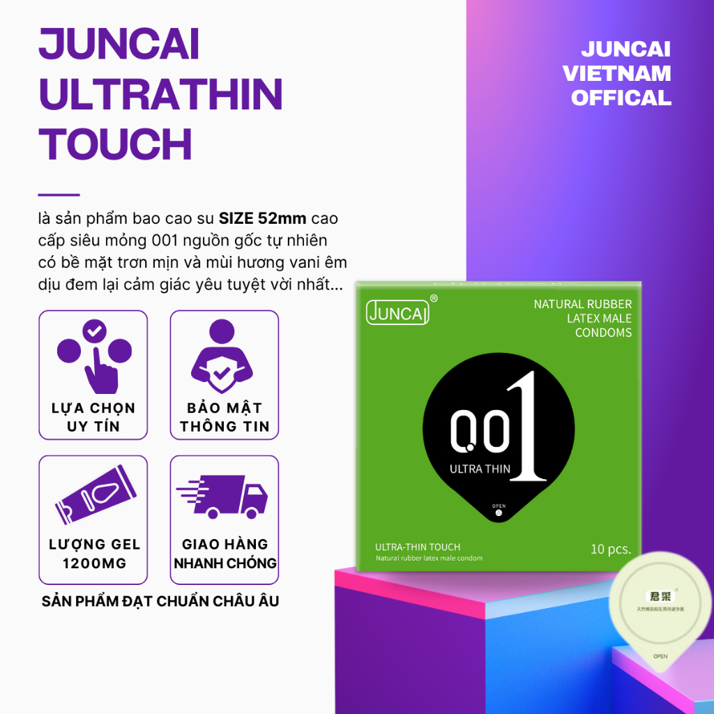Bao cao su 001 JUNCAI siêu mỏng có gân gai kéo dài thời gian quan hệ hộp 10 cái