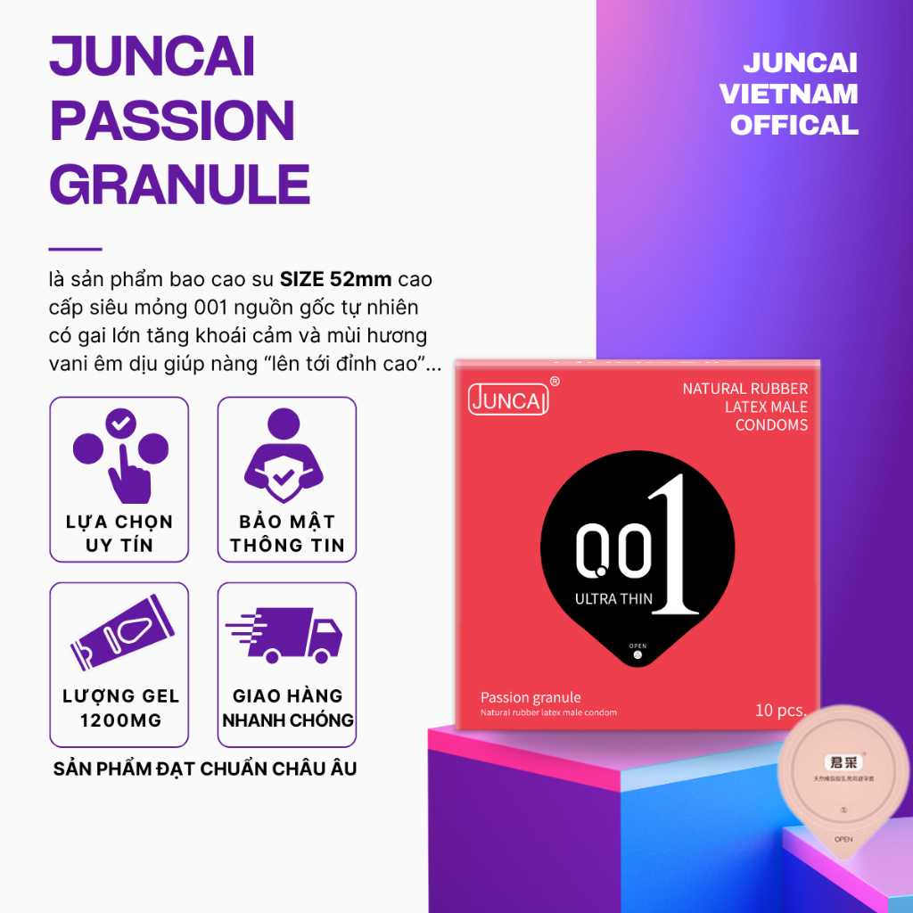Bao cao su 001 JUNCAI siêu mỏng có gân gai kéo dài thời gian quan hệ hộp 10 cái