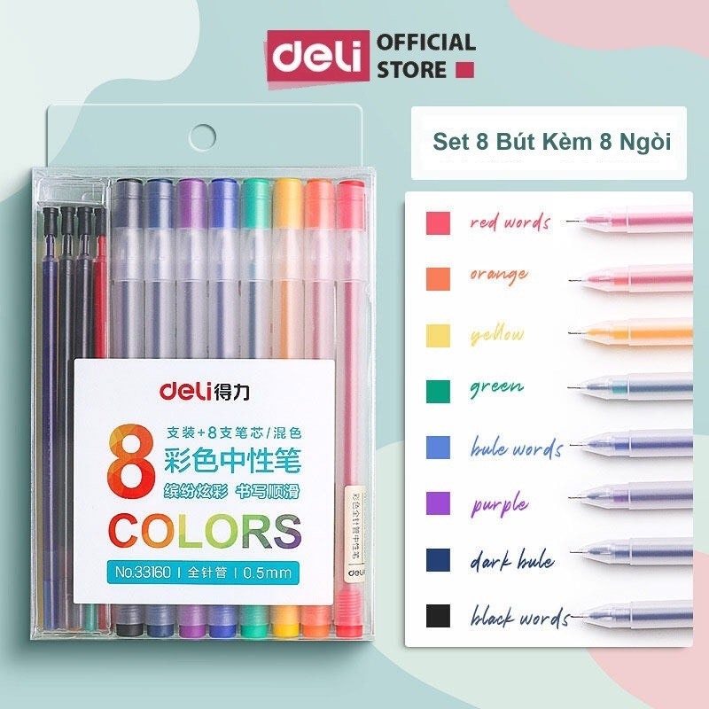 (Set 33160) Bút gel nhiều màu Deli – 8 màu kèm 8 ống mực thay thế