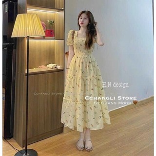Đầm váy nữ thời trang chất lụa 100D in hoa cổ vuông tya búp phòng nhún ôm ngực váy xoè maxi vàng nhạt