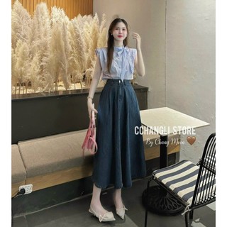 Sét váy nữ thời trang mặc đi chơi áo chất lụa sọc tay cánh dơi ngắn cột nơ cổ một bên phối chân váy jeans cứng xếp ly