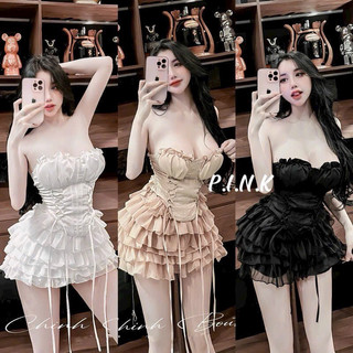 Sét váy thời trang nữ sexy rút dây đan nơ cúp ngực phối chân váy tầng voan mtb 3 màu