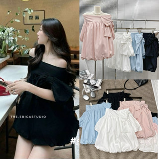 Áo, Váy trễ vai babydoll dáng phồng đính nơ bản to kèm quần bảo hộ, áo trễ vai Tiểu thư