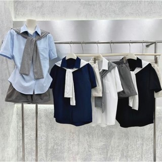(TẶNG KHĂN) Set áo sơ mi ngắn tay kèm quần short ống rộng phong cách Hàn Quốc, set đi học đi làm