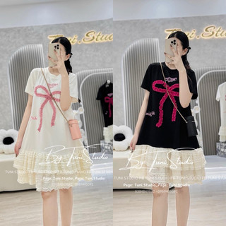 [V1.753] Váy Cotton Nơ Bèo Phối Chân Ren 2 Màu Dáng Suông Rộng