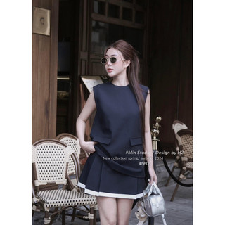 Set bộ kaki thô sát nách kèm chân váy phối viền trắng min • melanie boutique