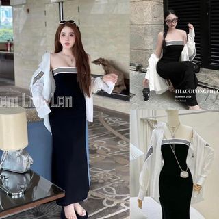 Sét áo sơ mi kèm váy quây sọc body dáng dài