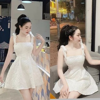 Đầm 2 dây nơ vai dán ngắn xòe