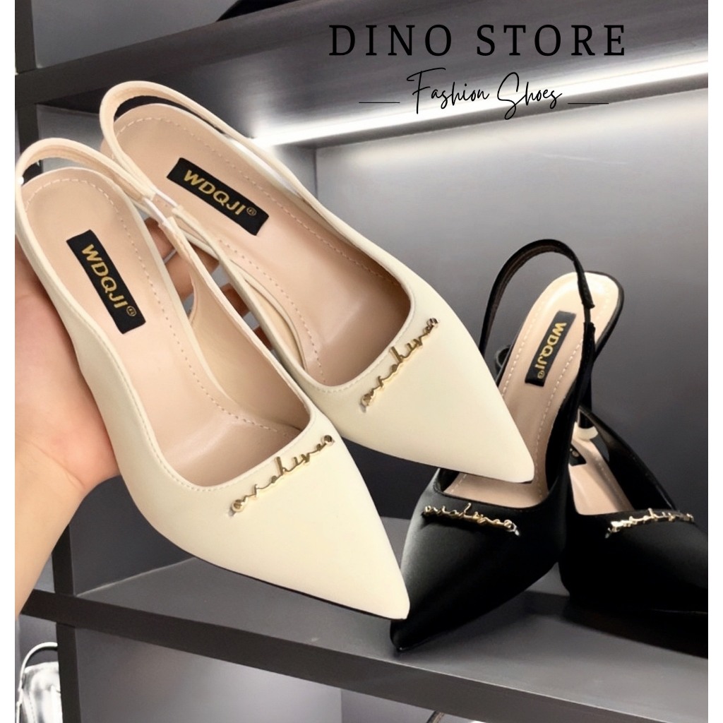 Giày cao gót mũi nhọn đính chữ chất tuyết nhung hàng cao cấp Mã D5_DINO Store