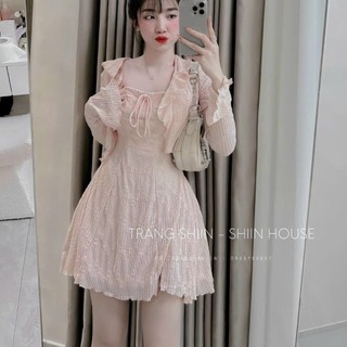 Đầm thời trang nữ đi chơi 2 dây có dây cột nơ trước ngực kèm khoác ren len tay dài mẫu mã xinh đẹp dịu