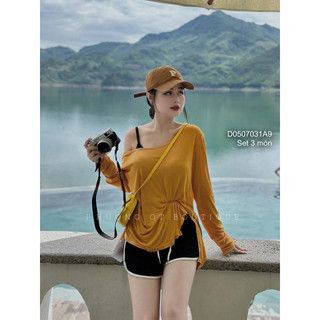 Set 3 món áo thun lệch vai tay dài phối áo 2 dây kèm quần short VIENS STORE