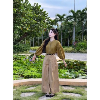 Set váy thời trang áo chất đũi vân mây cổ trụ tay dài phồng kết hợp váy kaki dài kèm đai kiểu dáng thanh lịch nữ tính