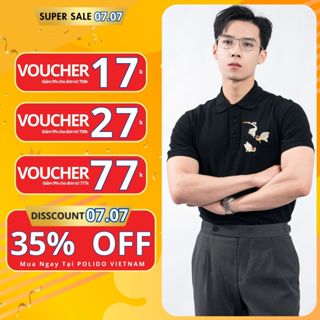 Áo polo nam POLIDO thêu hạc ở ngực màu đen chất cotton thoáng mát thấm hút mồ hôi tốt co giãn 4 chiều phom slimfit