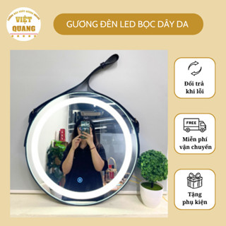 Gương Tròn Dây Da Đèn Led Cảm Ứng Đổi 3 Màu-4 Màu Da Bò,Nâu,Đen,Trắng Decor Phòng Ngủ, Nhà Tắm.