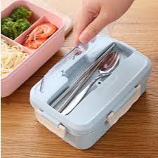 Hộp Đựng Cơm Lúa Mạch 3 Ngăn Văn Phòng Tặng Thìa và Đũa
