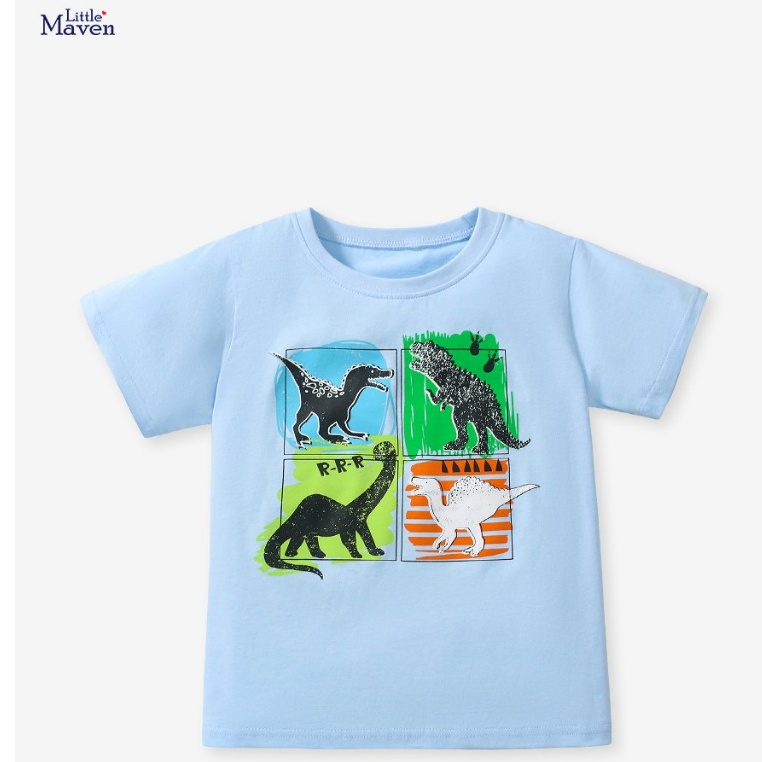 Áo hè thun xanh cotton hoạ tiết khủng long LMZ50002/ LMB8 - Little Maven Chính Hãng