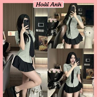 Set Bộ Đồ Nữ 3 Món Áo Zip Sơ Mi Xanh Lá Cộc Tay Giả Túi Mix Chân Váy Xếp Ly Đen Khóa Hông Kèm Cavat Có Size