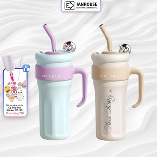 Ly giữ nhiệt cao cấp Believe 1250ml, cốc giữ nhiệt có ống hút inox 316 Fan House tặng kèm sticker 2D, 3D, cọ rửa bình