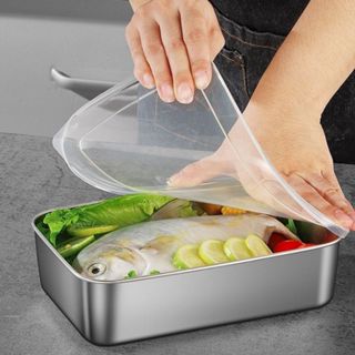 Khay đựng thực phẩm inox 304 có nắp nhựa, Hộp inox 3 Size đựng thực phẩm lạnh có kèm nắp đậy