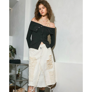 MOODSWINGS - Chân Váy Jeans Qua Rối Rách BLUSH MIDI SKIRT JEANS