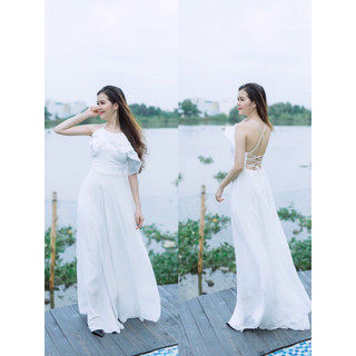 (miễn phí chỉnh váy) Maxi voan trắng hở lưng váy xòe