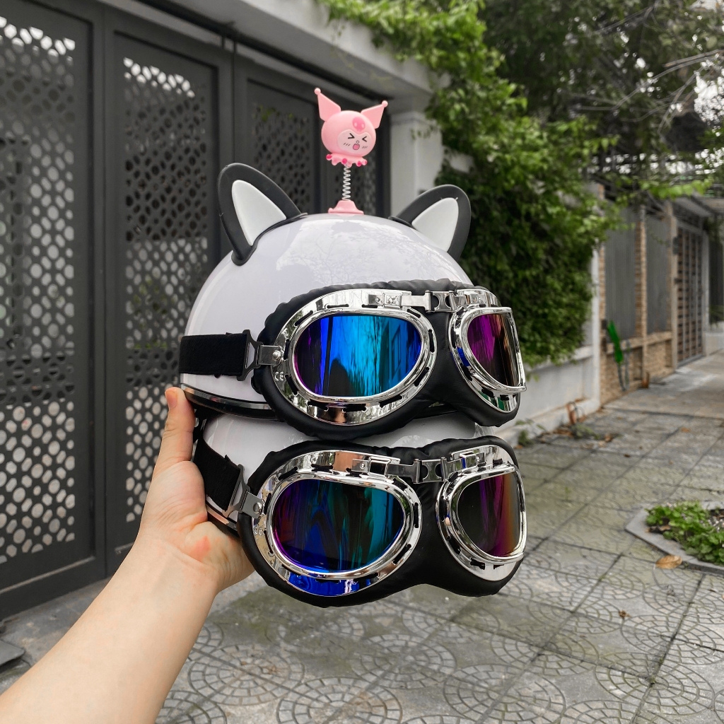 Mũ bảo hiểm nửa đầu kính phi công gắn kèm tai mèo và kuromi, mũ bảo hiểm nửa đầu socstore