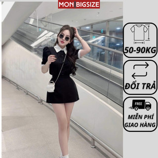 Set đồ bộ bigsize nữ dự tiệc đi chơi sang chảnh kiểu cổ sơ mi chân váy chữ A vải cotton MON big size 50 - 90kg