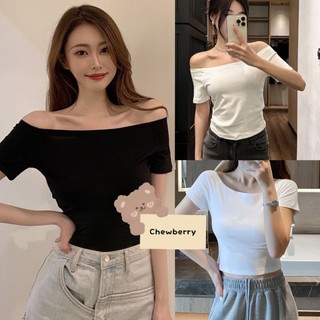 Áo thun croptop trễ vai trơn tay ngắn chất thun co giãn nữ