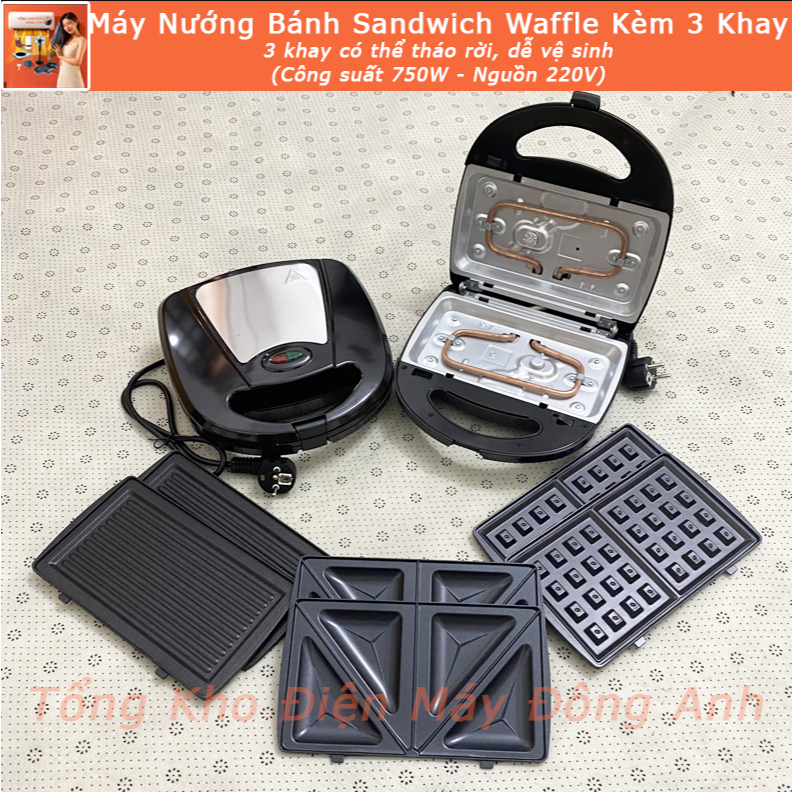 Máy Nướng Bánh Mì Sandwich Khay Tháo Rời 3 Mẫu Khay Làm Đồ Ăn Sáng Rán Trứng Rán Thịt Đa Năng