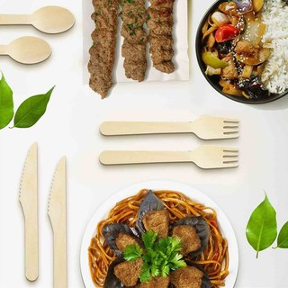 Set 100 dao - muỗng - nĩa gỗ 16cm / 2142.110