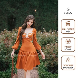 Váy xòe dáng ngắn Giian thiết kế cổ vuông đính dây ngực eo khoét cách điệu phối tà chéo vải đũi xước nhật VA0879