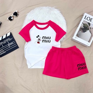  Đồ bộ cho bé gái in hình Mickey miu - Bộ cộc tay bé gái mùa hè cân nặng từ 15-40kg- Loza Kids FB90 