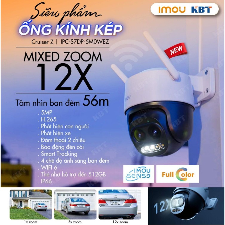 Camera IMOU ngoài trời Cruiser Z S7DP 5MP (3K) đàm thoại 2 chiều bật đèn hú còi zoom kết hợp 12X
