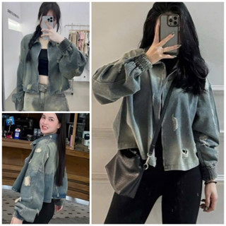 Áo khoác jean nữ rách croptop tay bo chun dây khóa kéo . Áo khoác jean from rộng phong cách rách cá tính