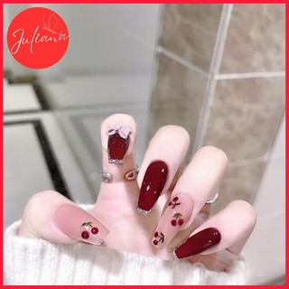 [Mã-Y44] Móng Tay Giả Juliana Hoạ Tiết Nơ Cherry Cao Cấp Sang Trọng Hộp 24 Nails Box (Kèm Phụ Kiện Làm Móng)