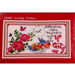 Tranh thêu vợ chồng uyên ương đồng hồ 222855 - kích thước: 70 * 39cm. (TRANH CHƯA LÀM)