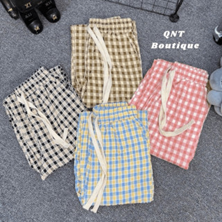 Quần suông ống rộng kẻ caro nữ lưng cao,quần ống đứng cạp chun dây rút chất thô vải mềm, mặc mùa hè mát,đẹp - M04 - QNT
