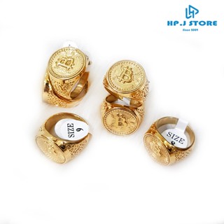  Nhẫn nam mạ vàng từ thép titan logo bitcoin. 